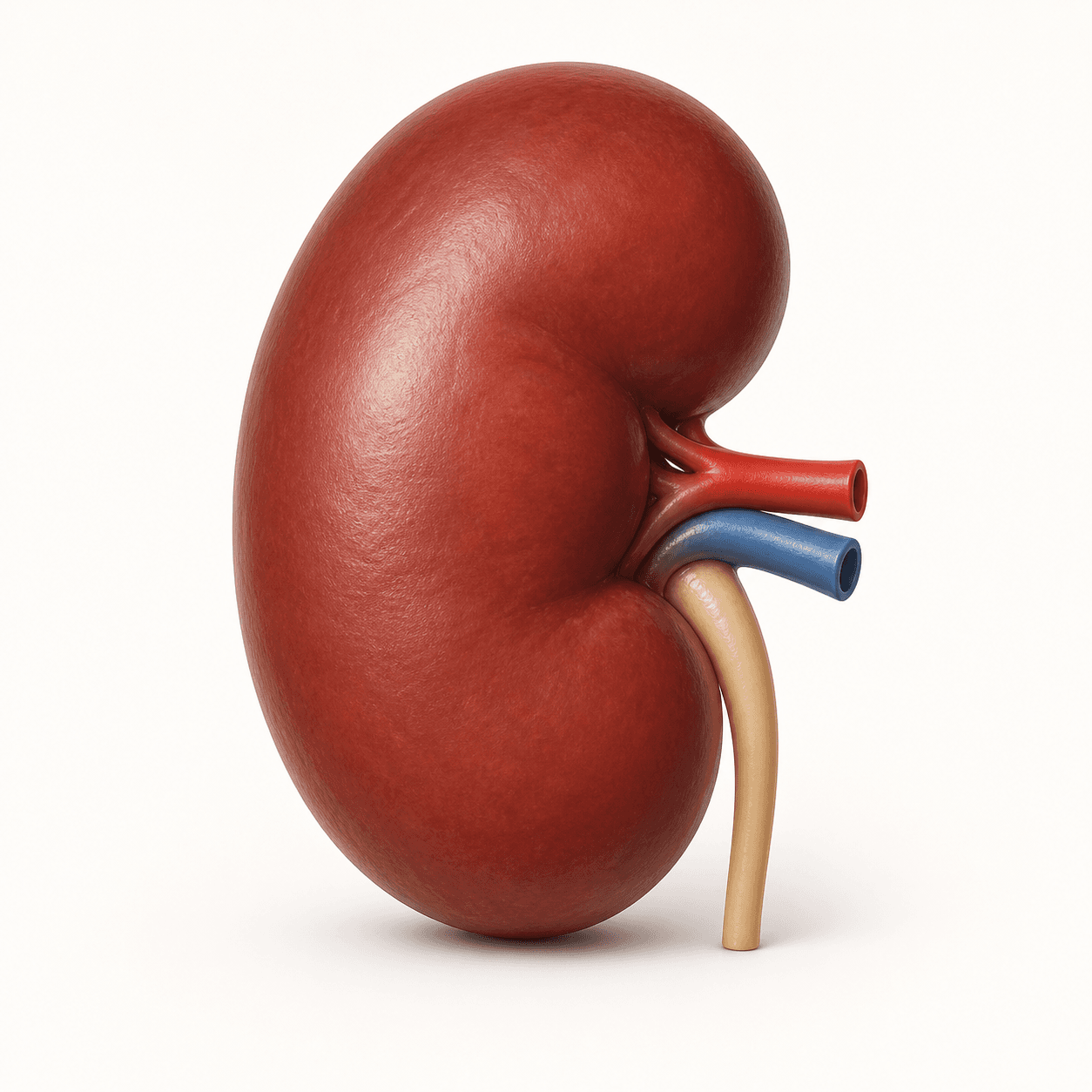 Medical-style illustration of a smooth, bean-shaped healthy kidney.