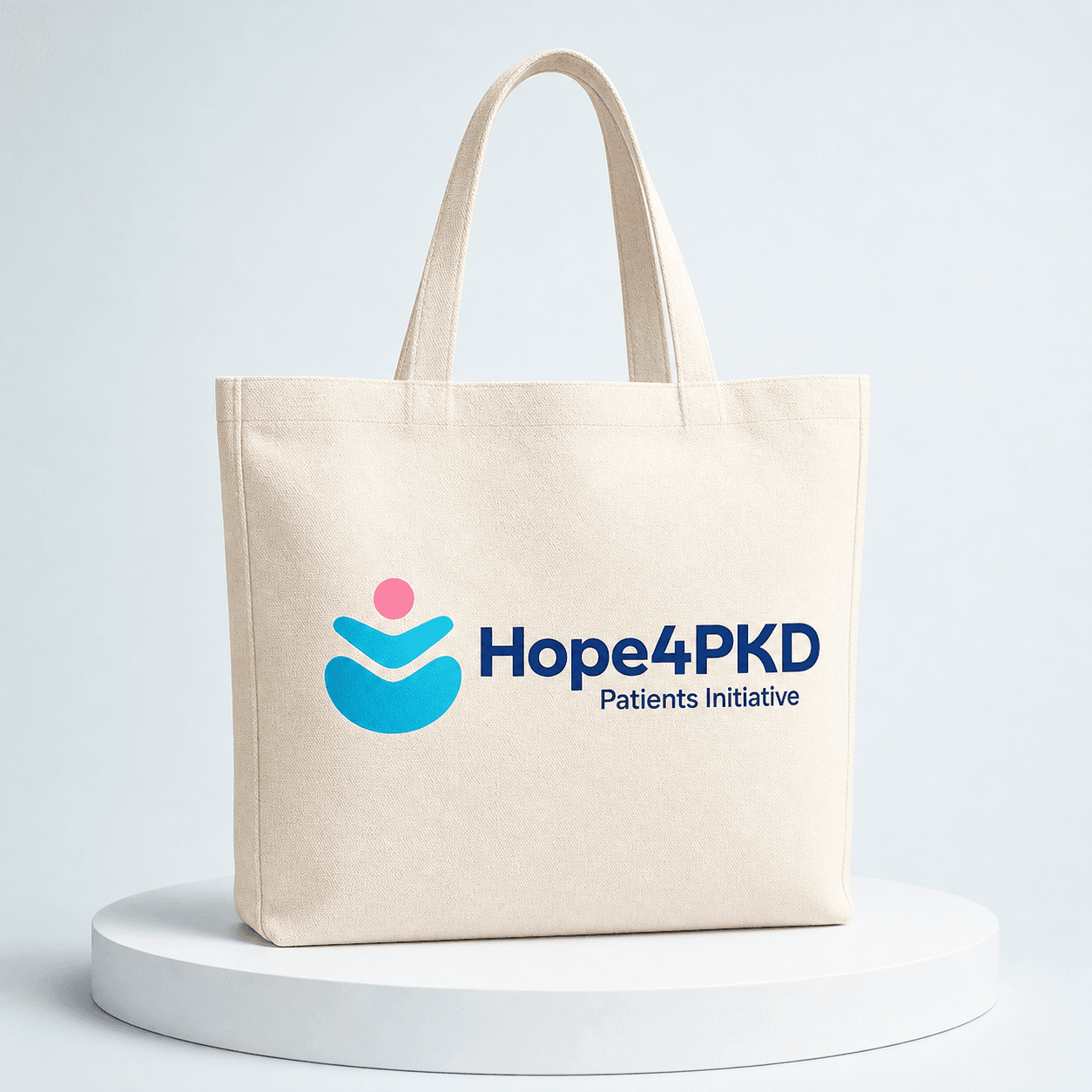 Mock-up of a tote bag carrying the Hope4PKD logo and wordmark.