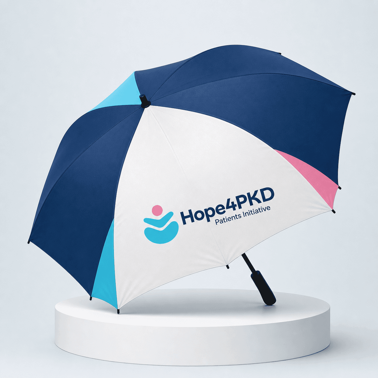 Mock-up of an umbrella carrying the Hope4PKD logo and wordmark.